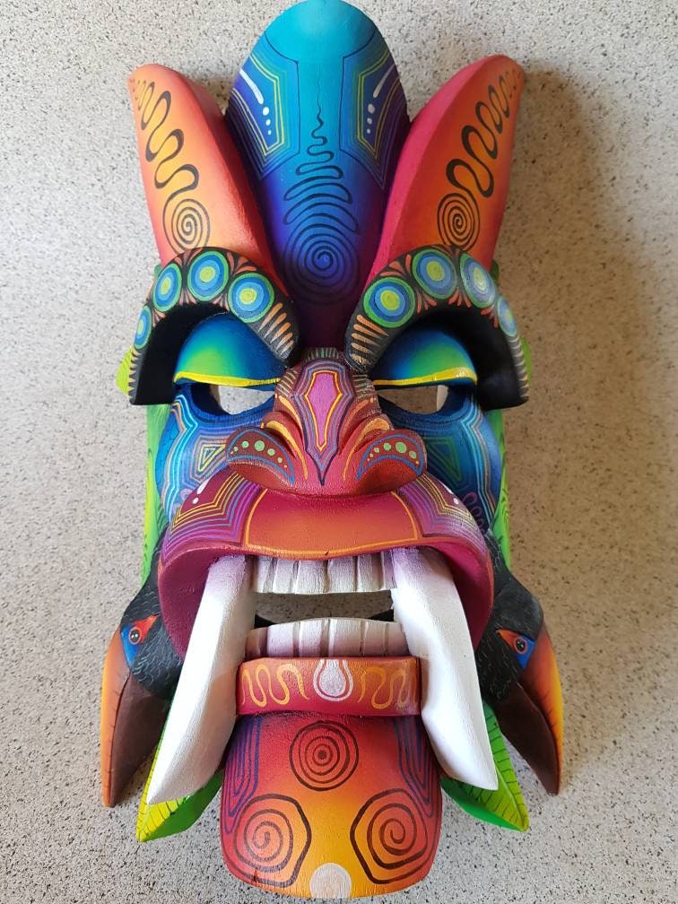 Ecological warrior mask, toucan, aracari, authentic Boruca mask, wooden mask, tribal art from Costa Rica, available mask