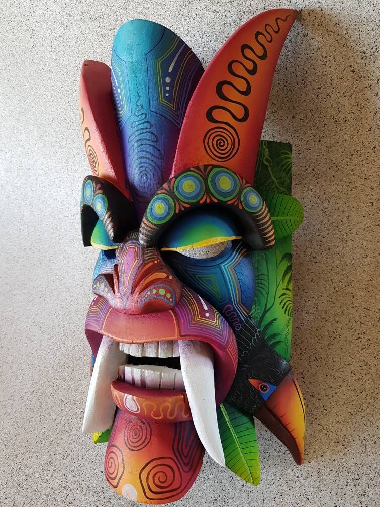 Ecological warrior mask, toucan, aracari, authentic Boruca mask, wooden mask, tribal art from Costa Rica, available mask