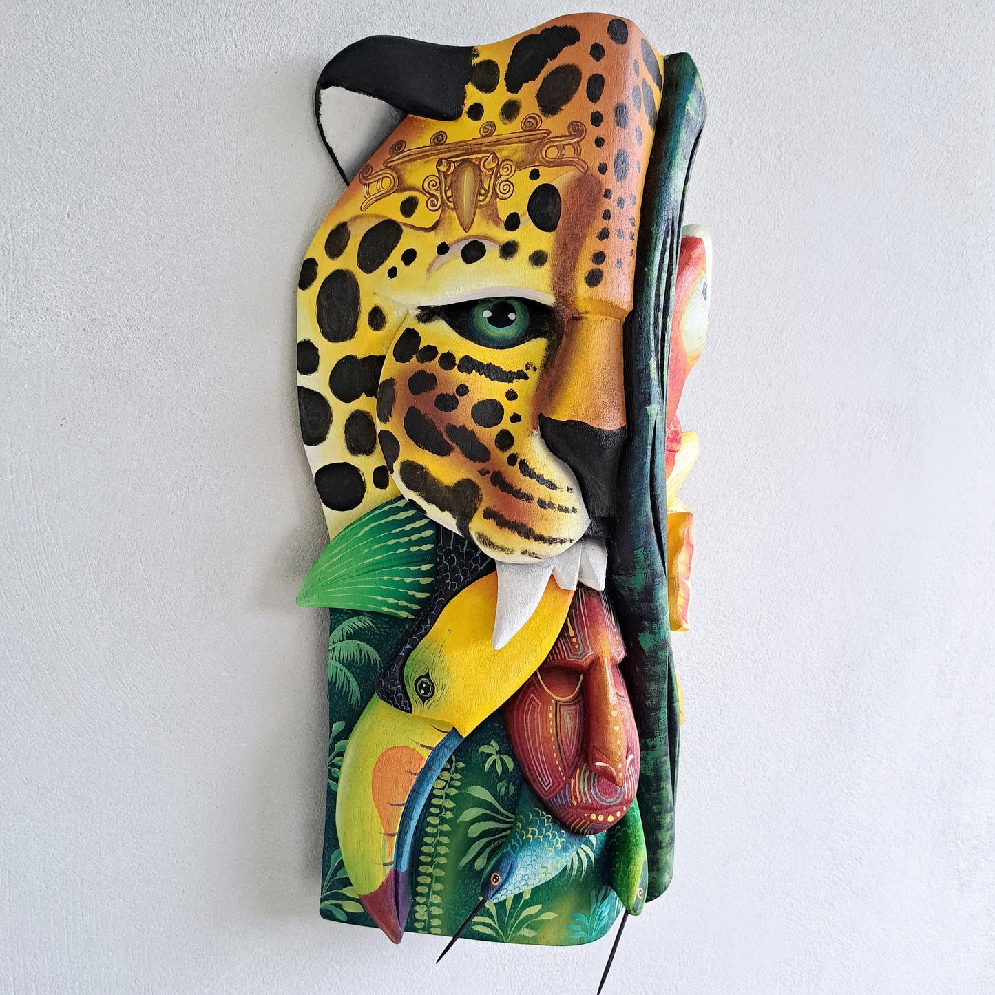Authentic Boruca mask, birds, orchid, jaguar, wooden mask, tribal art Costa Rica, available mask