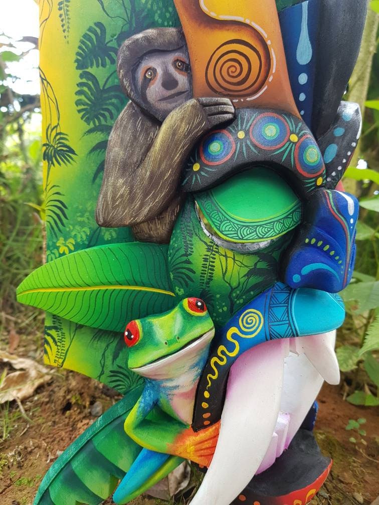 Warrior mask, frogs, white-faced monkey, sloth, authentic Boruca mask, wooden mask, tribal art from Costa Rica, available mask