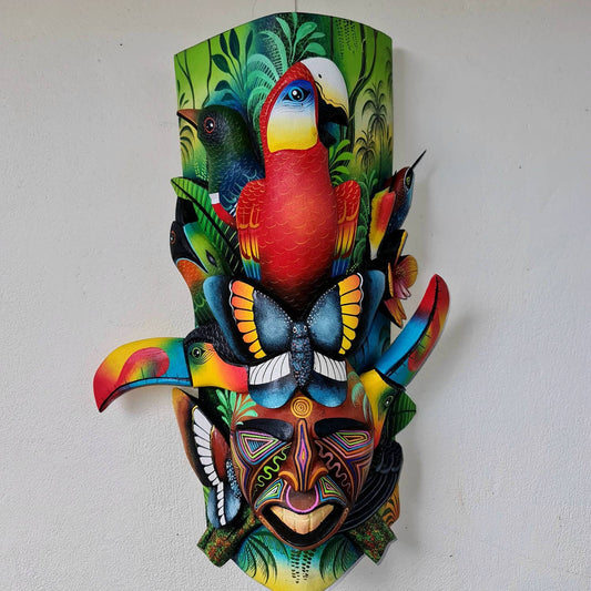 Jungle and life #2, unique artwork, red parrot, butterfly, hummingbirds, wood carved and painted, indigenous art from Costa Rica,