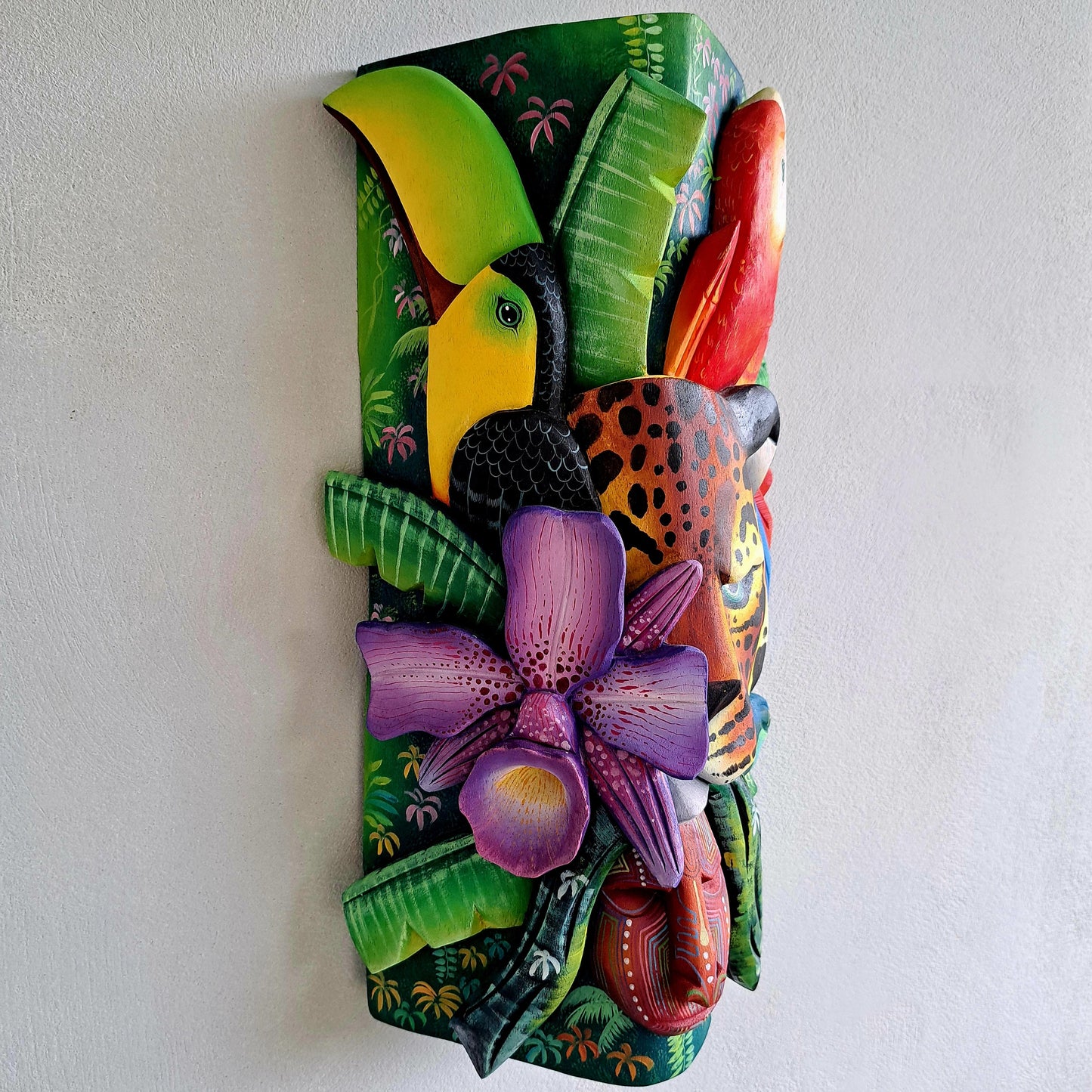 Authentic Boruca mask, birds, orchid, jaguar, wooden mask, tribal art Costa Rica, available mask