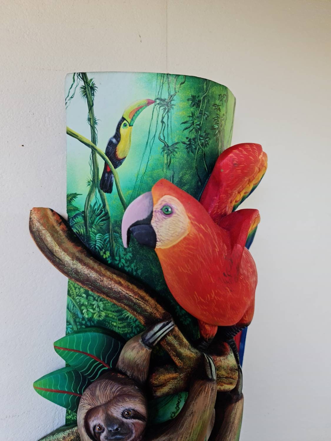 Boruca mask, Sloth and Parrot, toucan, forest from Costa Rica, handmade work by Víctor Hernández