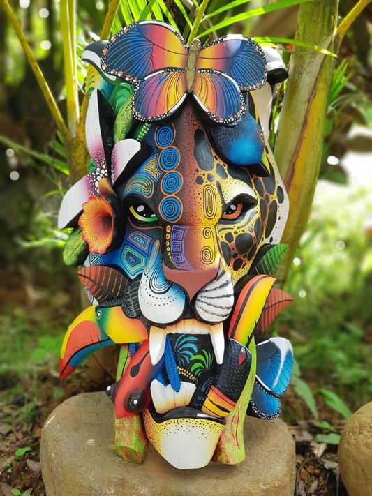 Jaguar and Warrior mask, frog, toucans, Costa Ricans birds, authentic Boruca mask, wooden mask, tribal art from Costa Rica, available mask