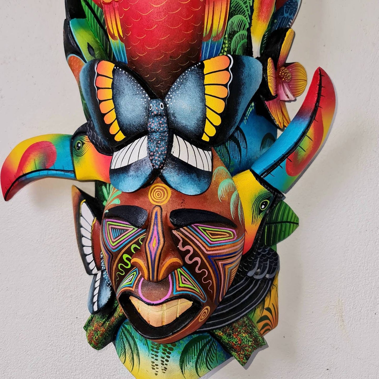 Jungle and life #2, unique artwork, red parrot, butterfly, hummingbirds, wood carved and painted, indigenous art from Costa Rica,