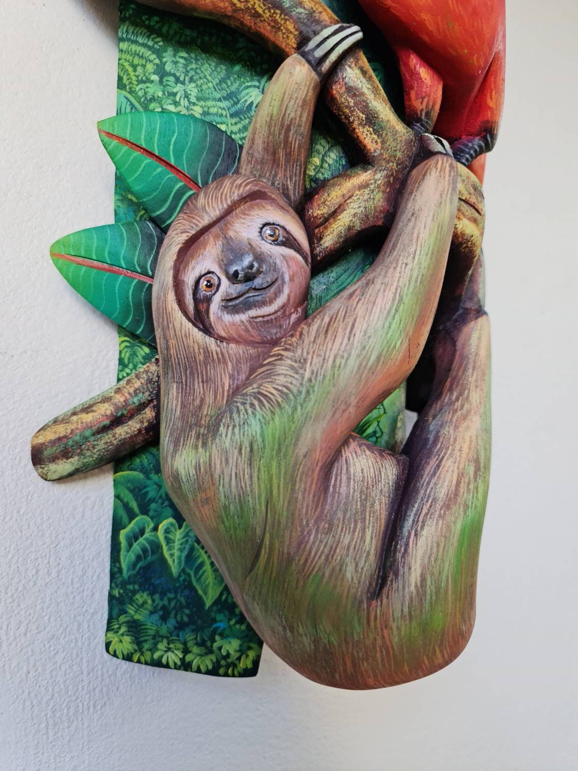 Boruca mask, Sloth and Parrot, toucan, forest from Costa Rica, handmade work by Víctor Hernández