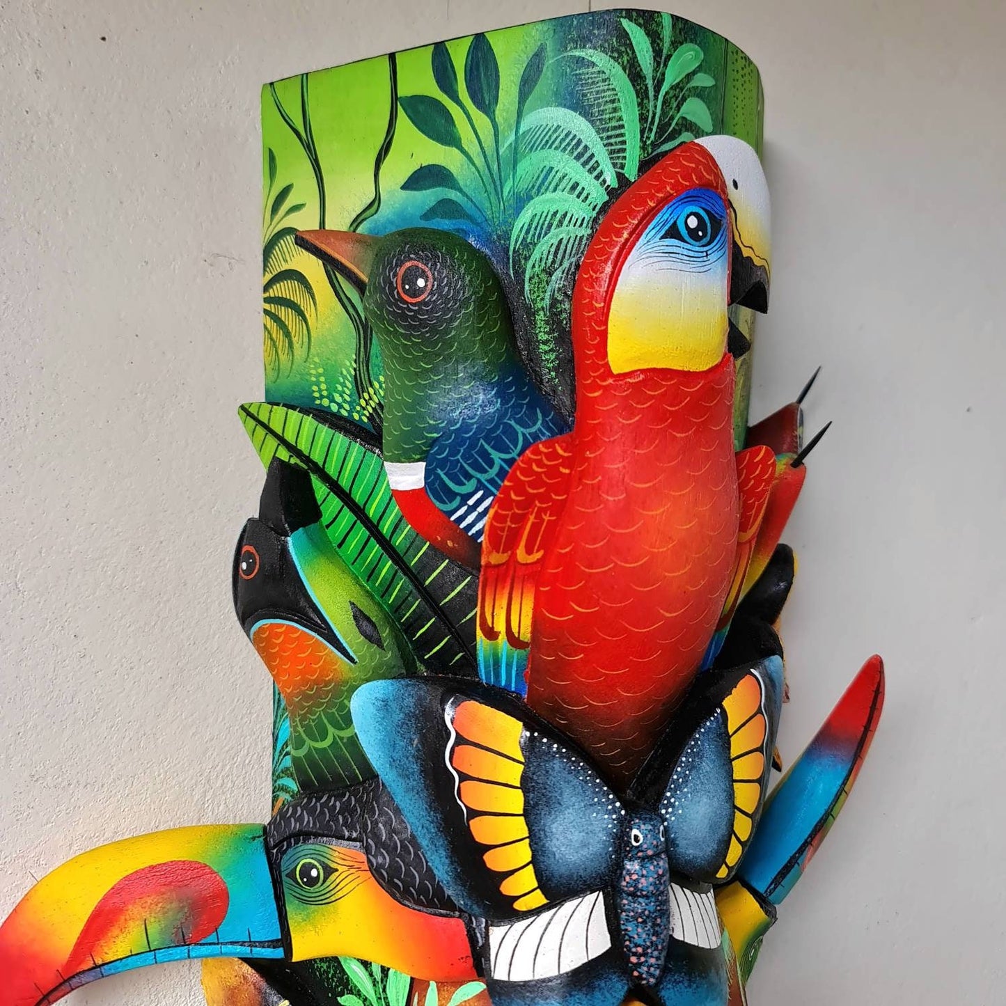 Jungle and life #2, unique artwork, red parrot, butterfly, hummingbirds, wood carved and painted, indigenous art from Costa Rica,