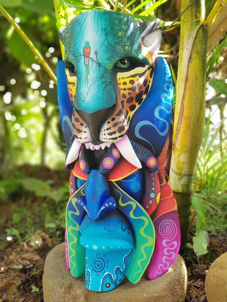 The Jaguar and the warrior, quetzal from Monteverde, Boruca mask, new design, jaguar mask, Boruca Warrior