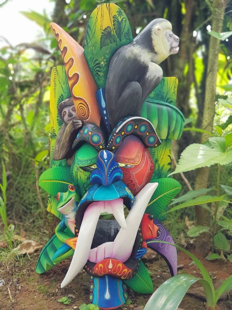 Warrior mask, frogs, white-faced monkey, sloth, authentic Boruca mask, wooden mask, tribal art from Costa Rica, available mask