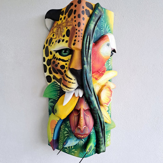 Authentic Boruca mask, birds, orchid, jaguar, wooden mask, tribal art Costa Rica, available mask
