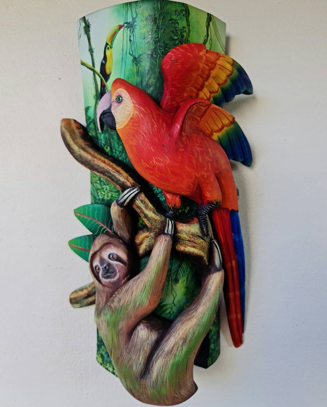 Boruca mask, Sloth and Parrot, toucan, forest from Costa Rica, handmade work by Víctor Hernández