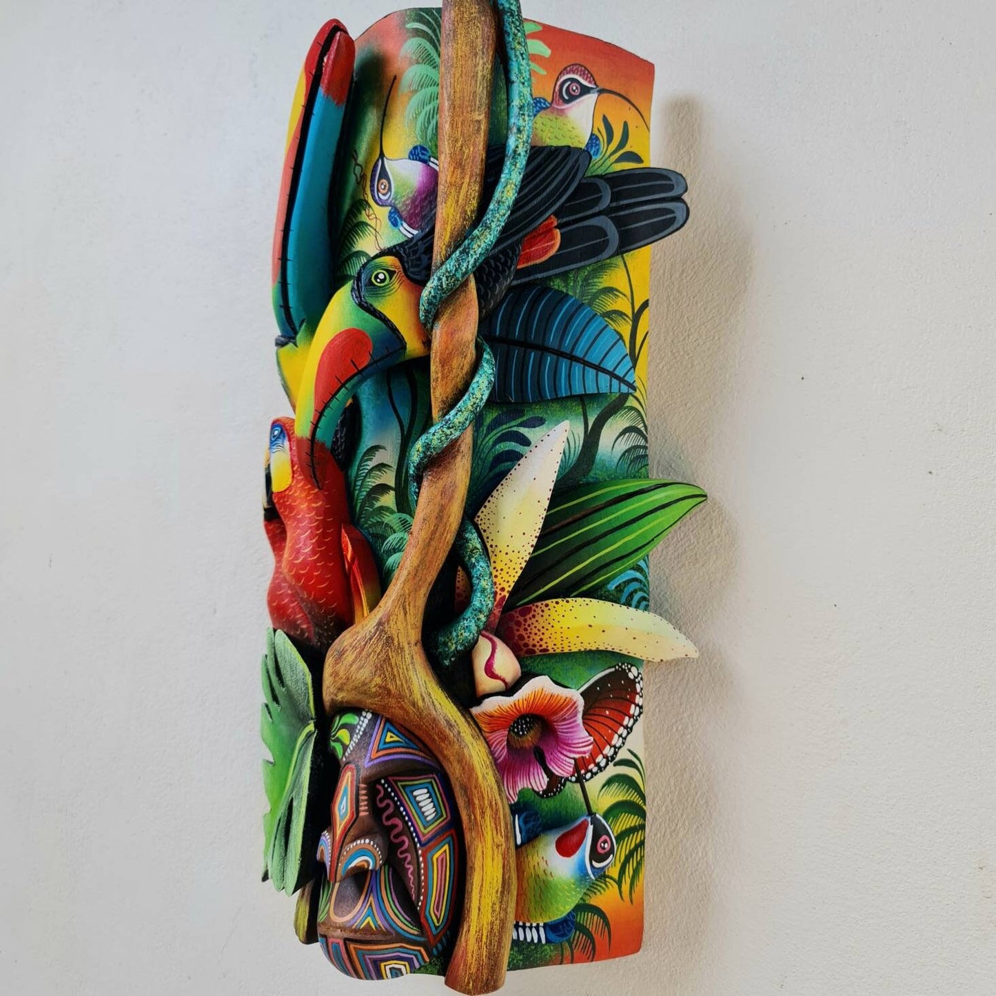 Jungle and life, unique design, red parrots, orchids, butterfly, hummingbirds, wood carved and painted, indigenous art from Costa Rica,