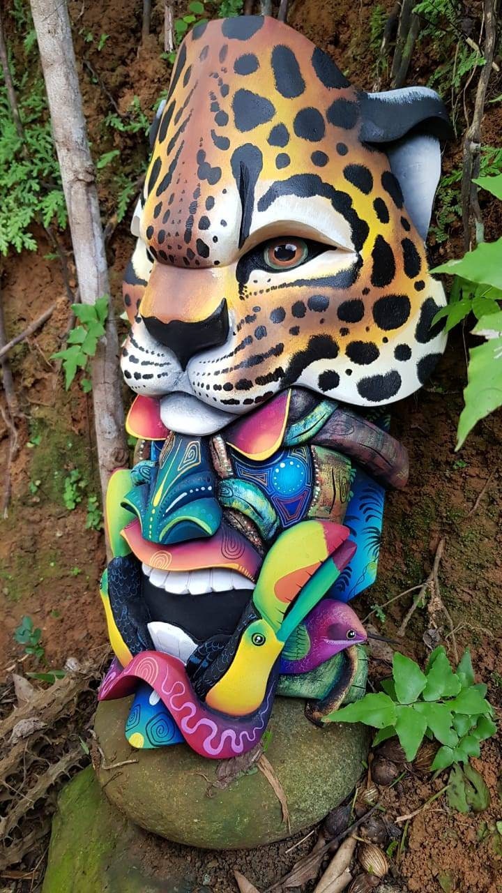 The Jaguar and the warrior, toucans, hummingbirds, Boruca mask, new design, jaguar mask, Available mask