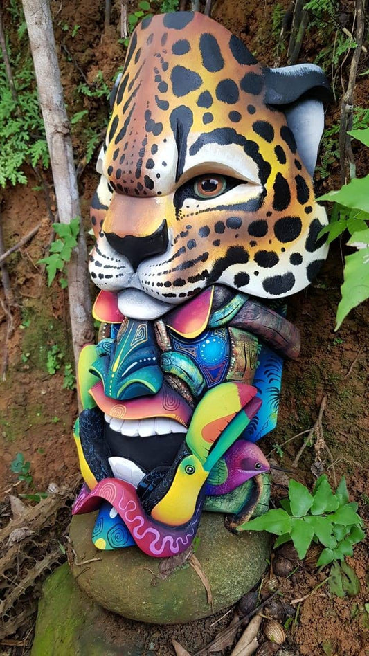 The Jaguar and the warrior, toucans, hummingbirds, Boruca mask, new design, jaguar mask, Available mask