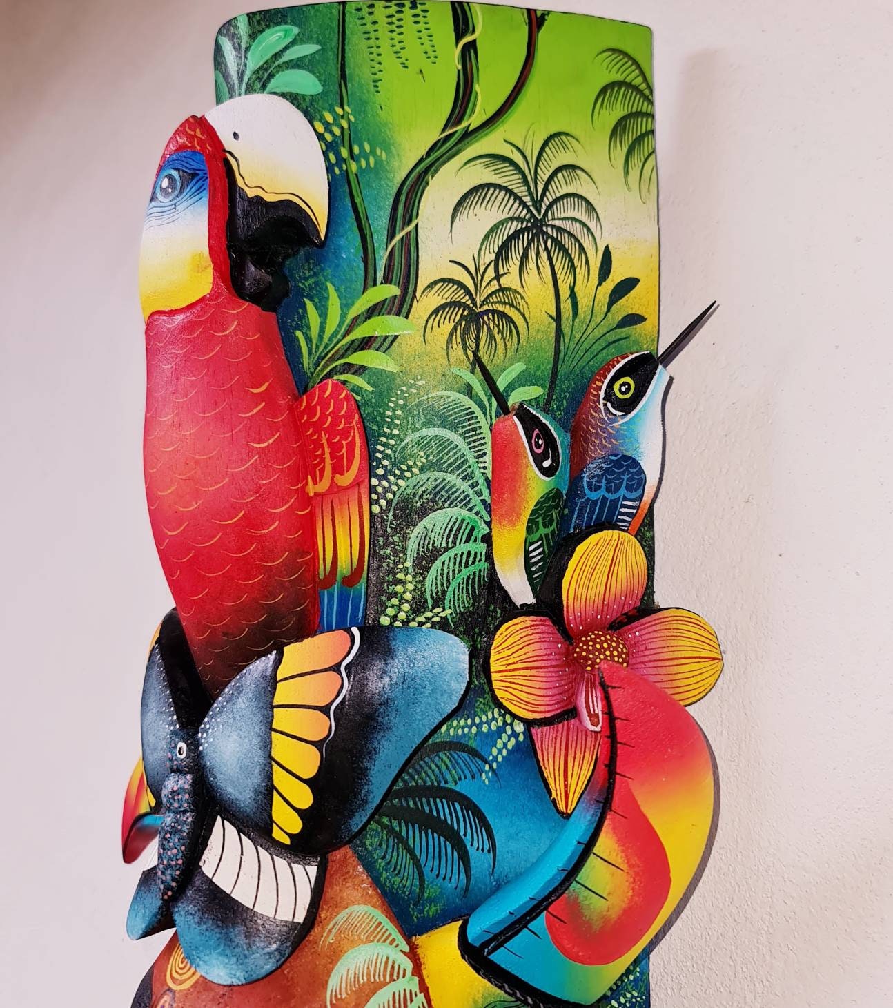 Jungle and life #2, unique artwork, red parrot, butterfly, hummingbirds, wood carved and painted, indigenous art from Costa Rica,
