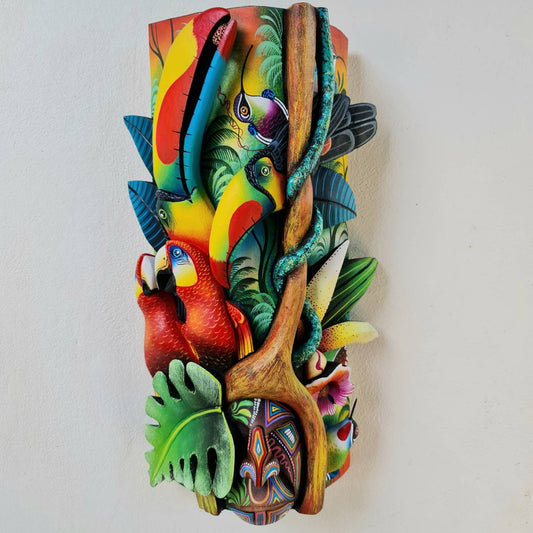 Jungle and life, unique design, red parrots, orchids, butterfly, hummingbirds, wood carved and painted, indigenous art from Costa Rica,