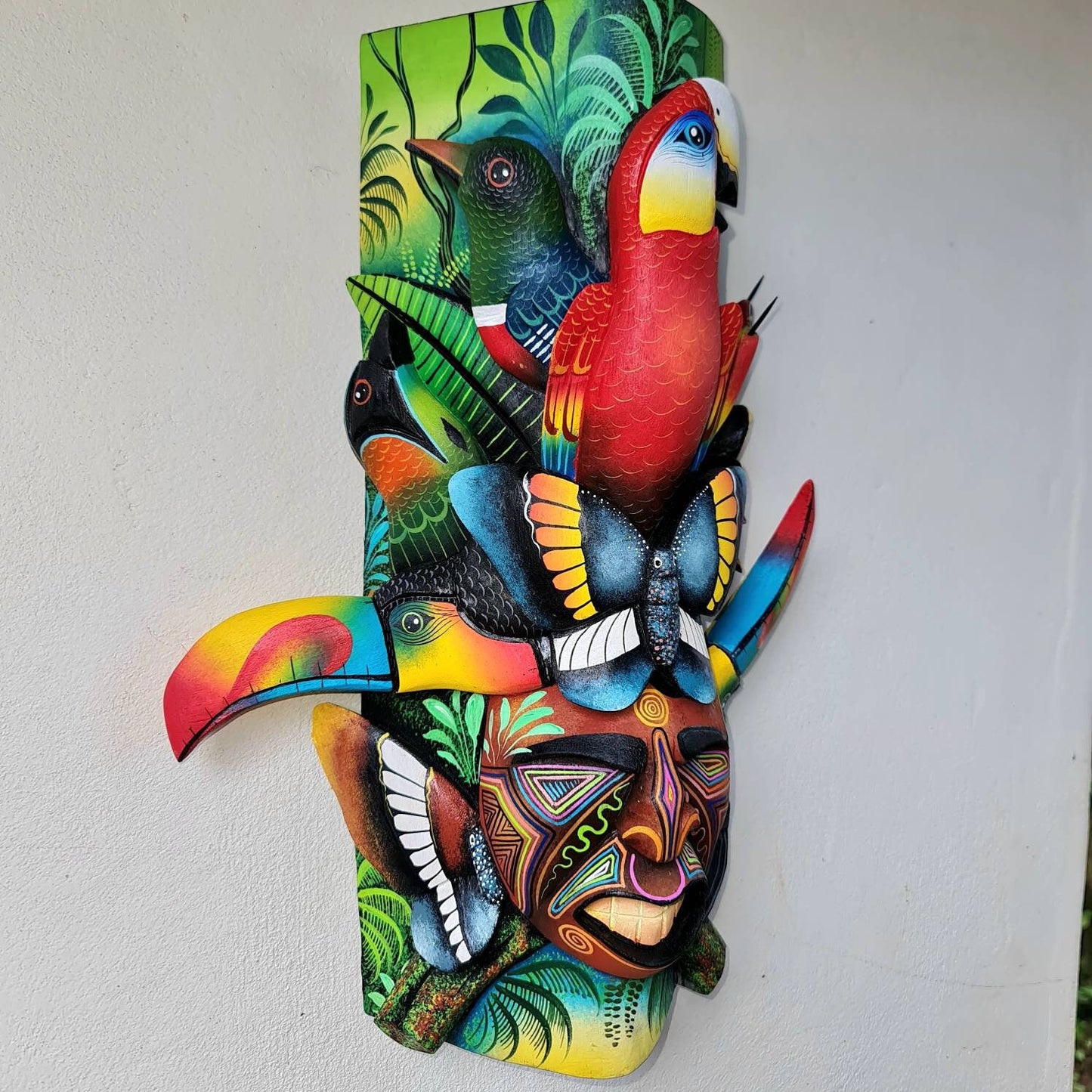 Jungle and life #2, unique artwork, red parrot, butterfly, hummingbirds, wood carved and painted, indigenous art from Costa Rica,