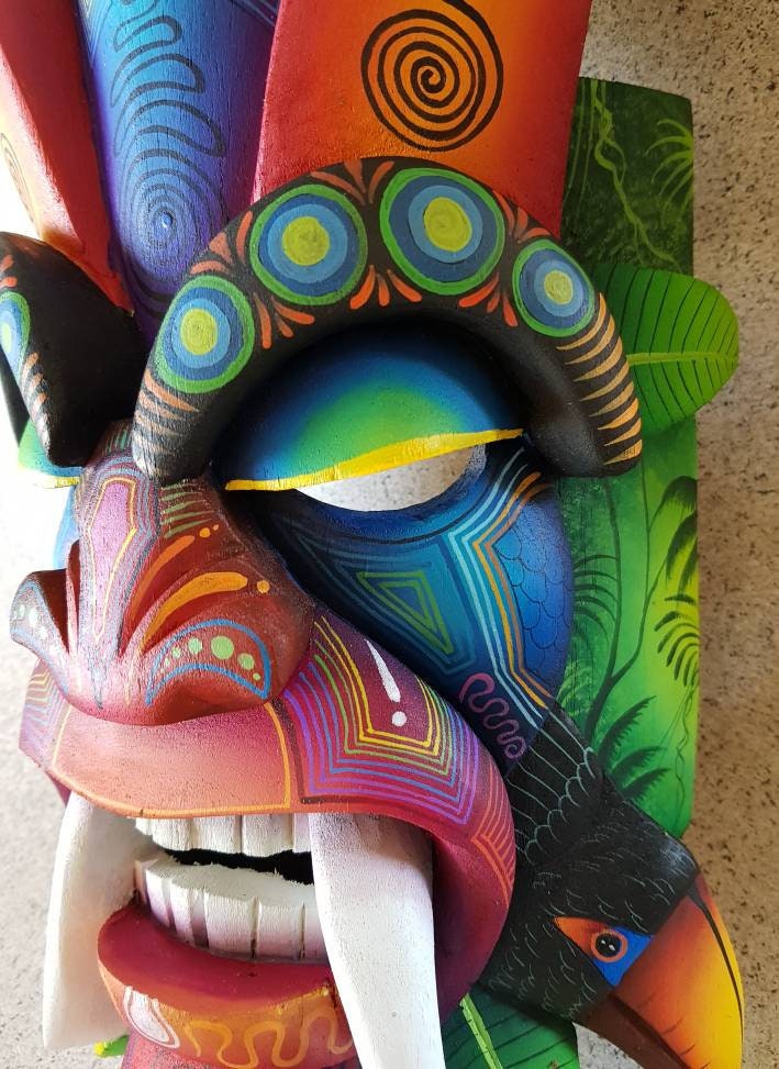 Ecological warrior mask, toucan, aracari, authentic Boruca mask, wooden mask, tribal art from Costa Rica, available mask