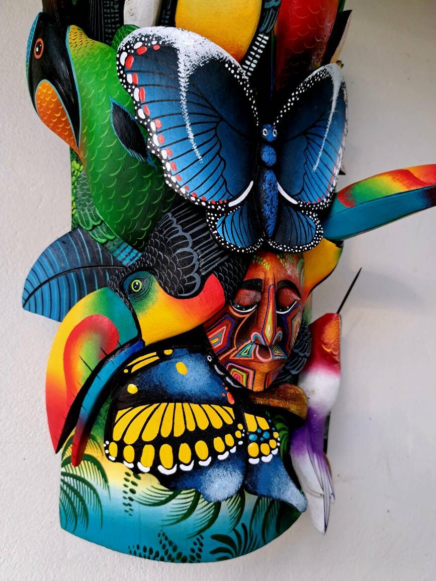 Owl & Jaguar, wildlife from jungle, red parrot, toucan, unique design, handmade, indigenous art from Costa Rica,