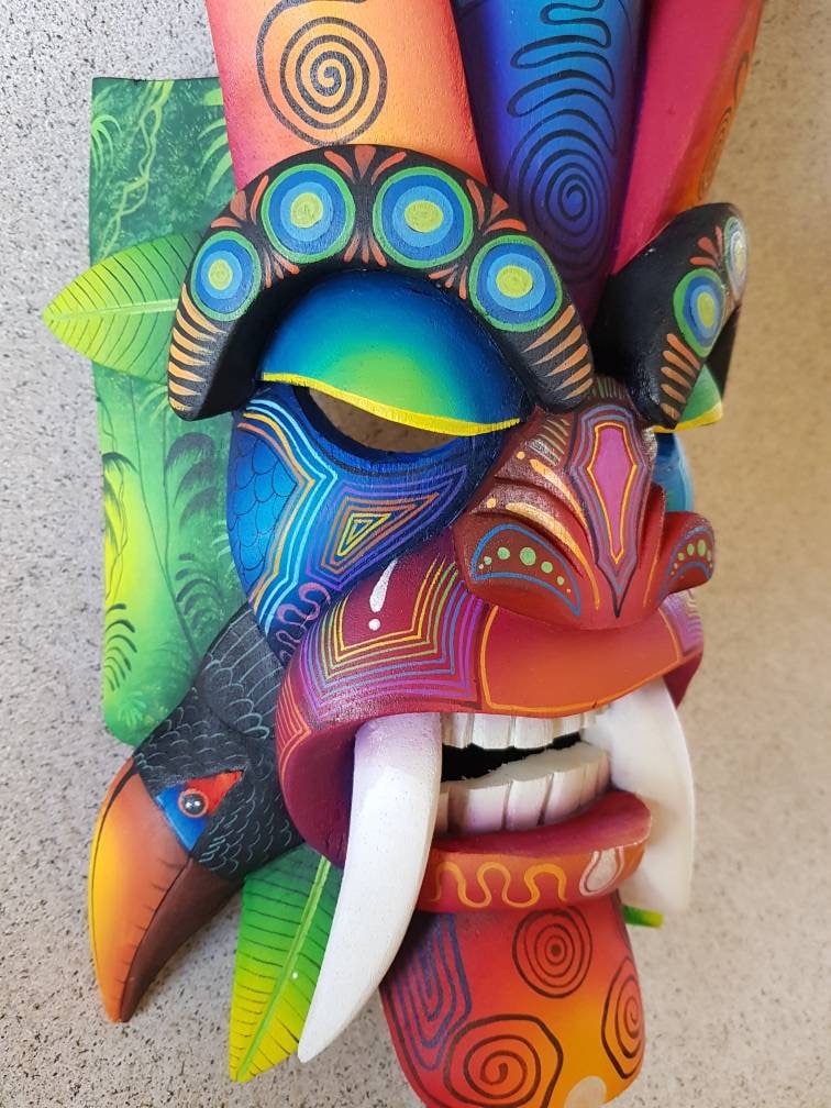 Ecological warrior mask, toucan, aracari, authentic Boruca mask, wooden mask, tribal art from Costa Rica, available mask
