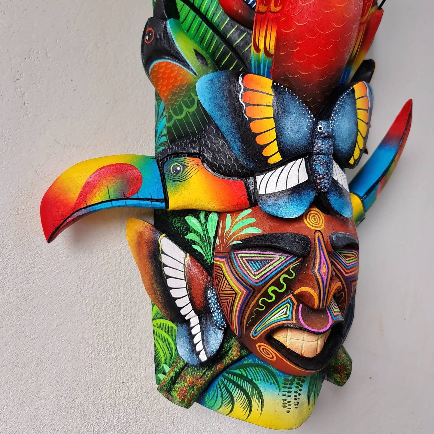 Jungle and life #2, unique artwork, red parrot, butterfly, hummingbirds, wood carved and painted, indigenous art from Costa Rica,