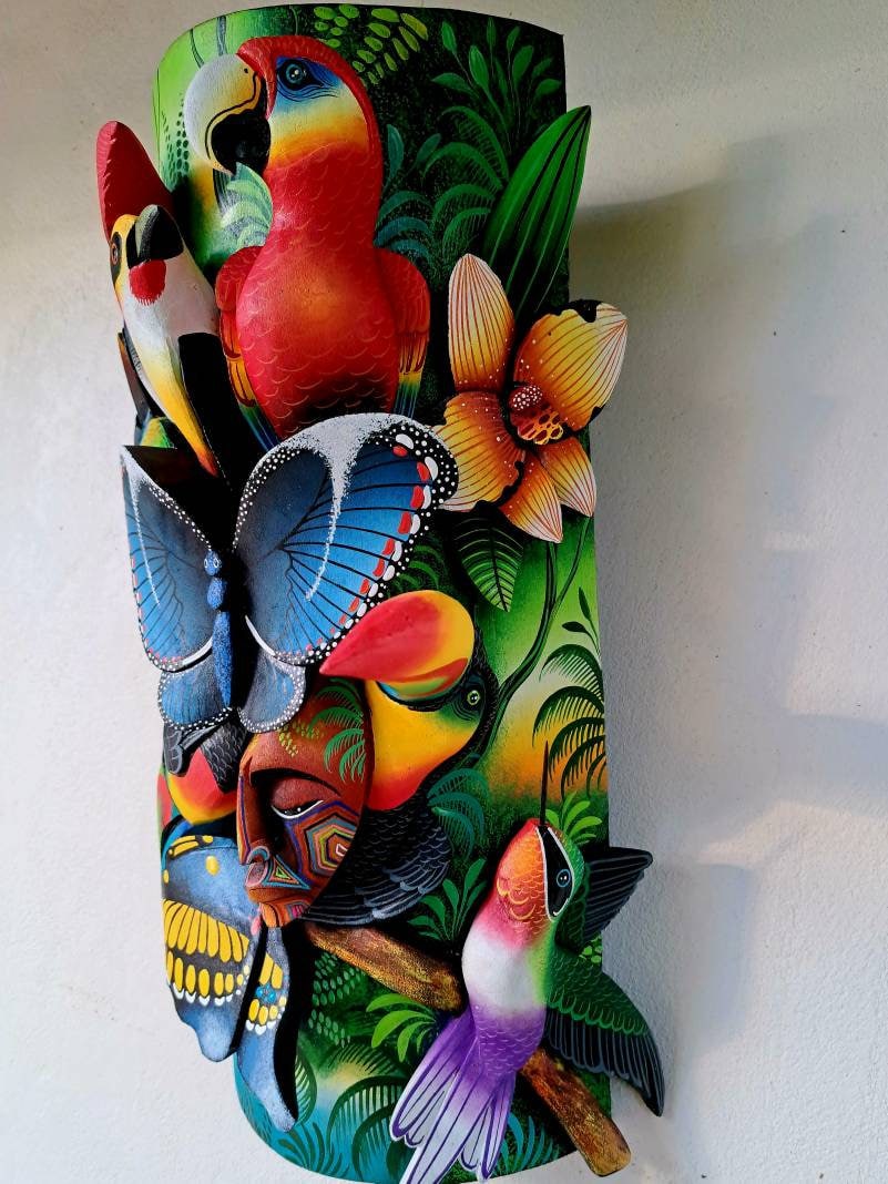 Owl & Jaguar, wildlife from jungle, red parrot, toucan, unique design, handmade, indigenous art from Costa Rica,