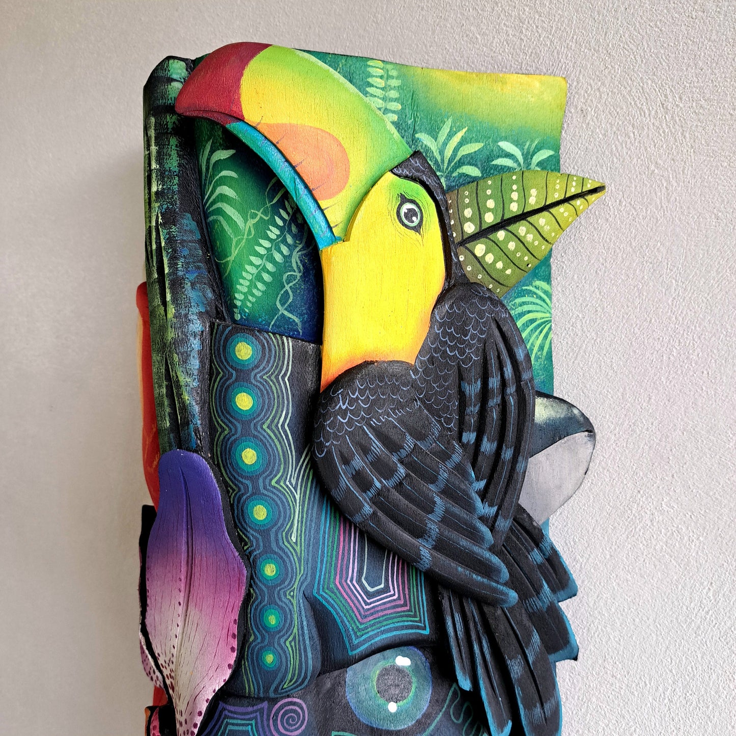 Authentic Boruca mask, birds, orchid, jaguar, wooden mask, tribal art Costa Rica, available mask