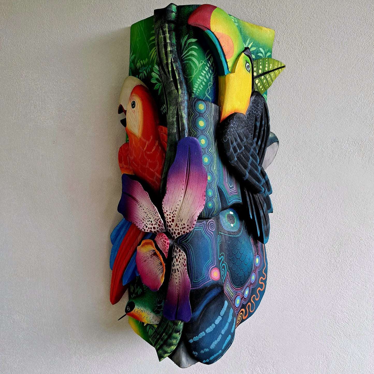 Authentic Boruca mask, birds, orchid, jaguar, wooden mask, tribal art Costa Rica, available mask