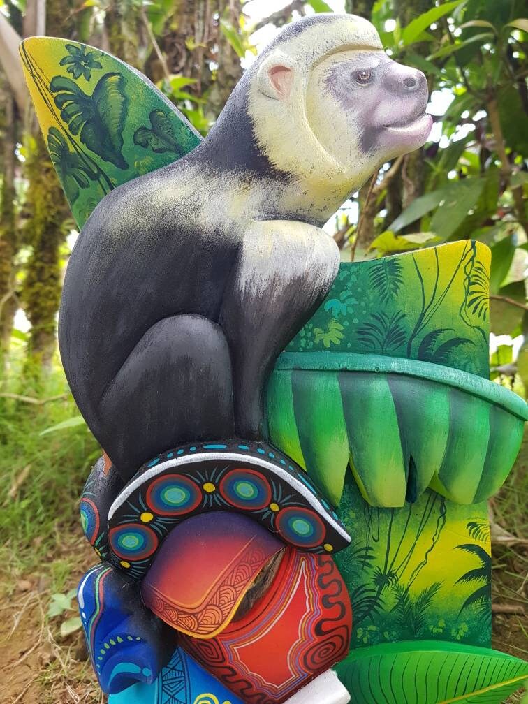 Warrior mask, frogs, white-faced monkey, sloth, authentic Boruca mask, wooden mask, tribal art from Costa Rica, available mask