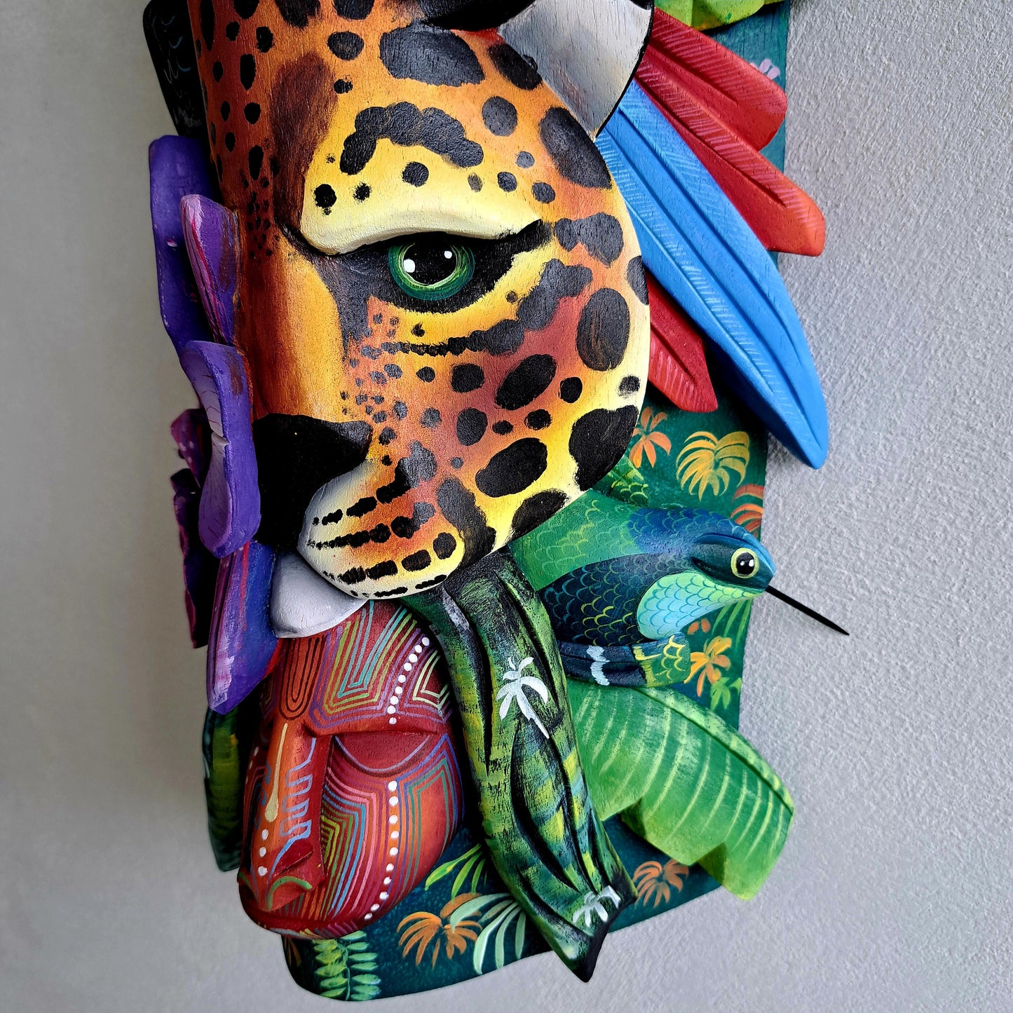 Authentic Boruca mask, birds, orchid, jaguar, wooden mask, tribal art Costa Rica, available mask