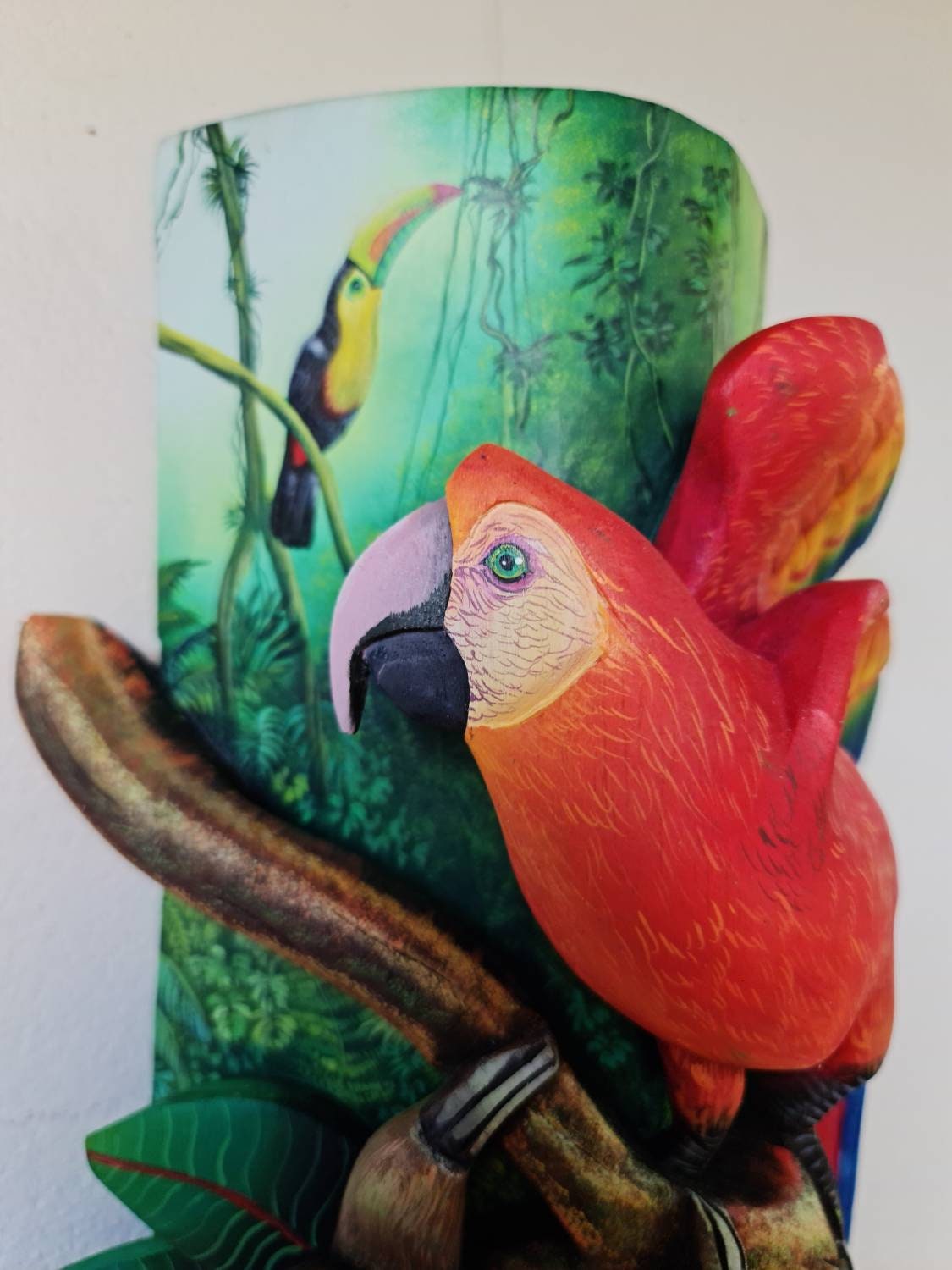 Boruca mask, Sloth and Parrot, toucan, forest from Costa Rica, handmade work by Víctor Hernández