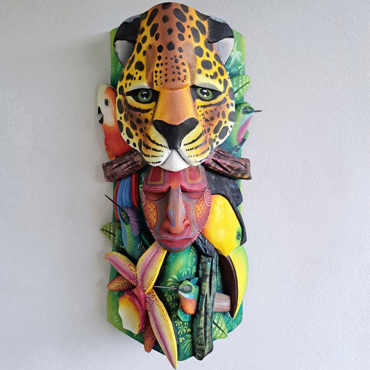 Authentic Boruca mask, birds, orchid, jaguar, wooden mask, tribal art Costa Rica, available mask