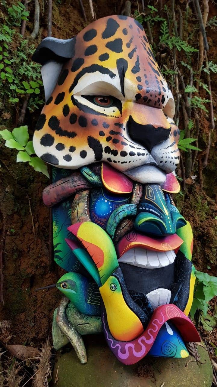 The Jaguar and the warrior, toucans, hummingbirds, Boruca mask, new design, jaguar mask, Available mask