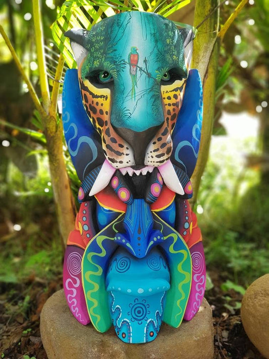 The Jaguar and the warrior, quetzal from Monteverde, Boruca mask, new design, jaguar mask, Boruca Warrior
