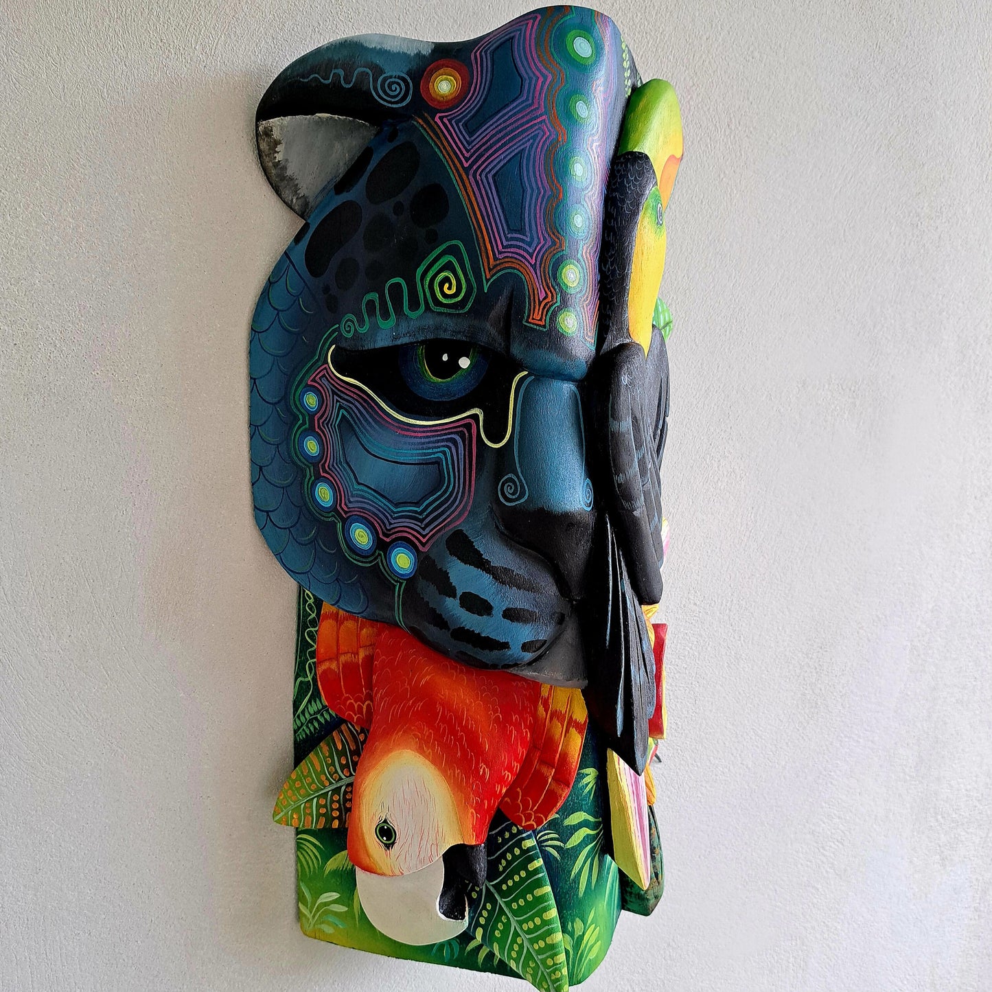 Authentic Boruca mask, birds, orchid, jaguar, wooden mask, tribal art Costa Rica, available mask
