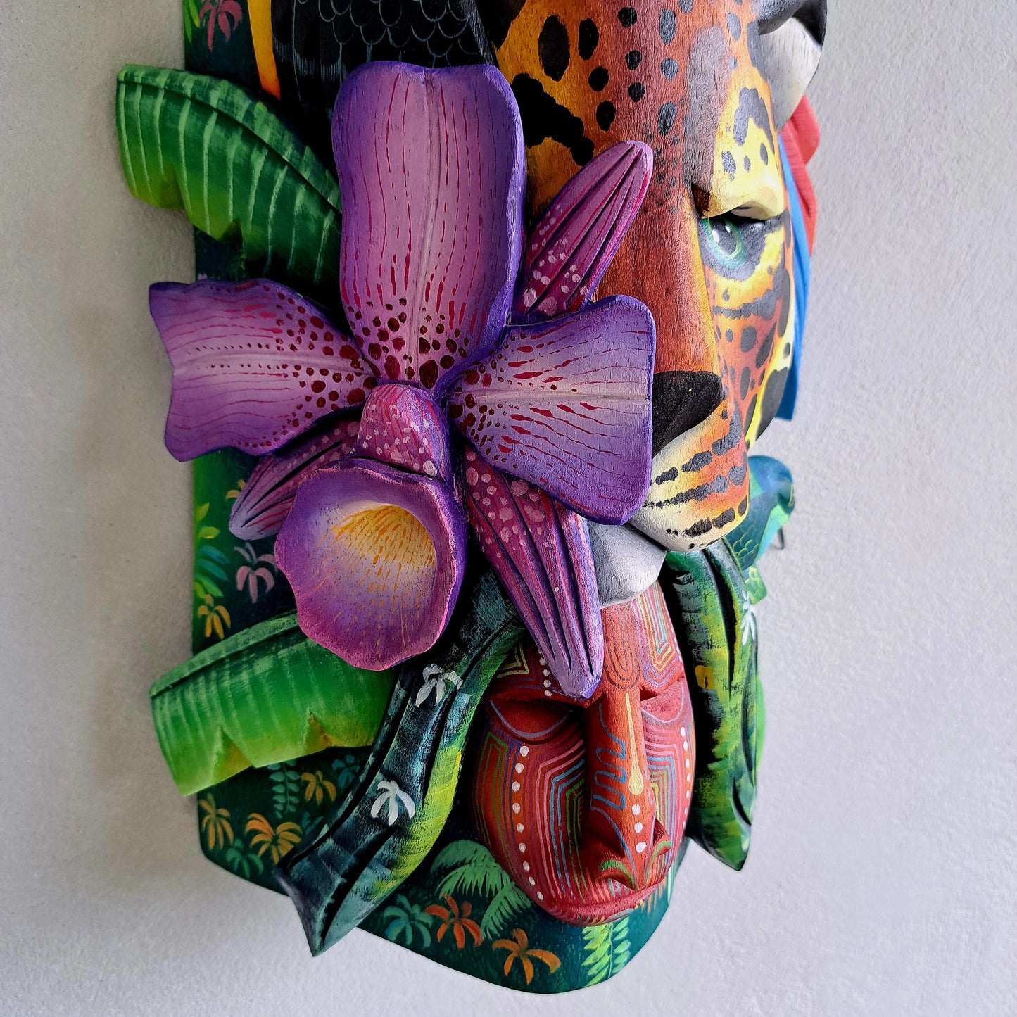 Authentic Boruca mask, birds, orchid, jaguar, wooden mask, tribal art Costa Rica, available mask