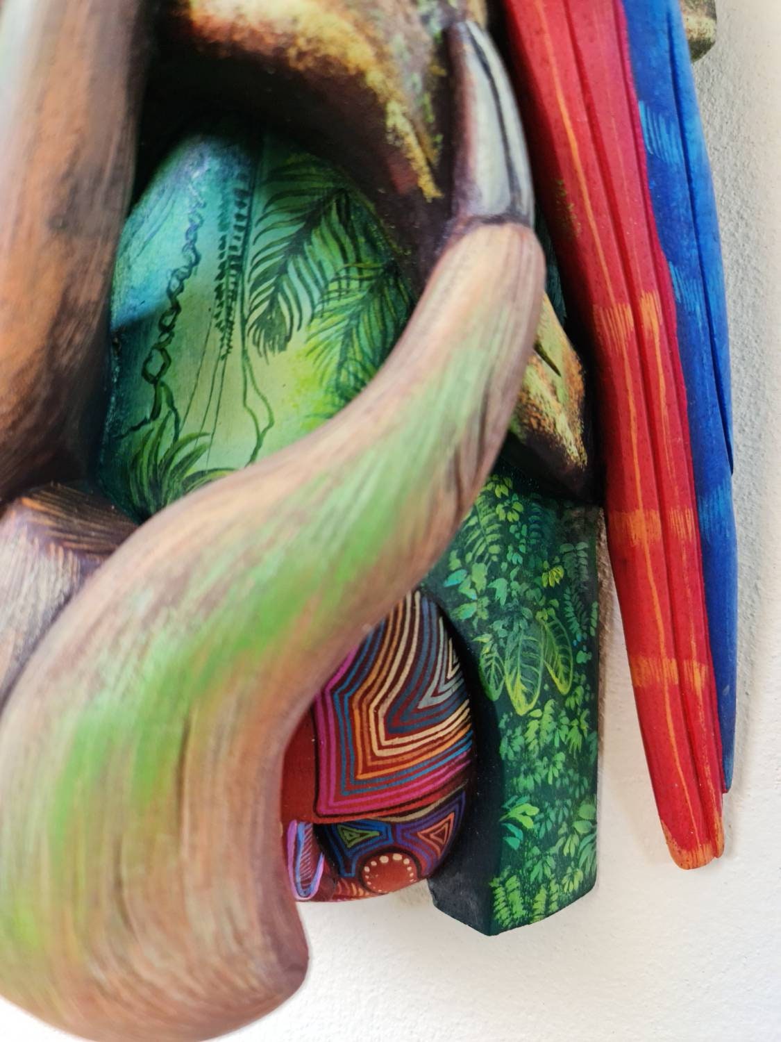 Boruca mask, Sloth and Parrot, toucan, forest from Costa Rica, handmade work by Víctor Hernández