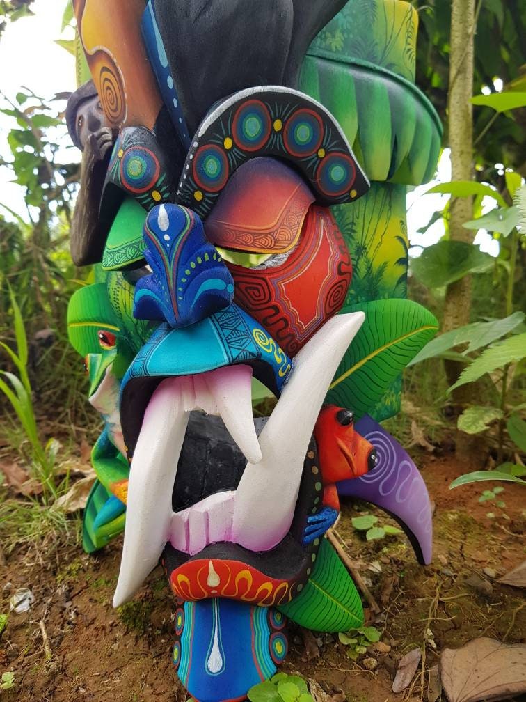 Warrior mask, frogs, white-faced monkey, sloth, authentic Boruca mask, wooden mask, tribal art from Costa Rica, available mask