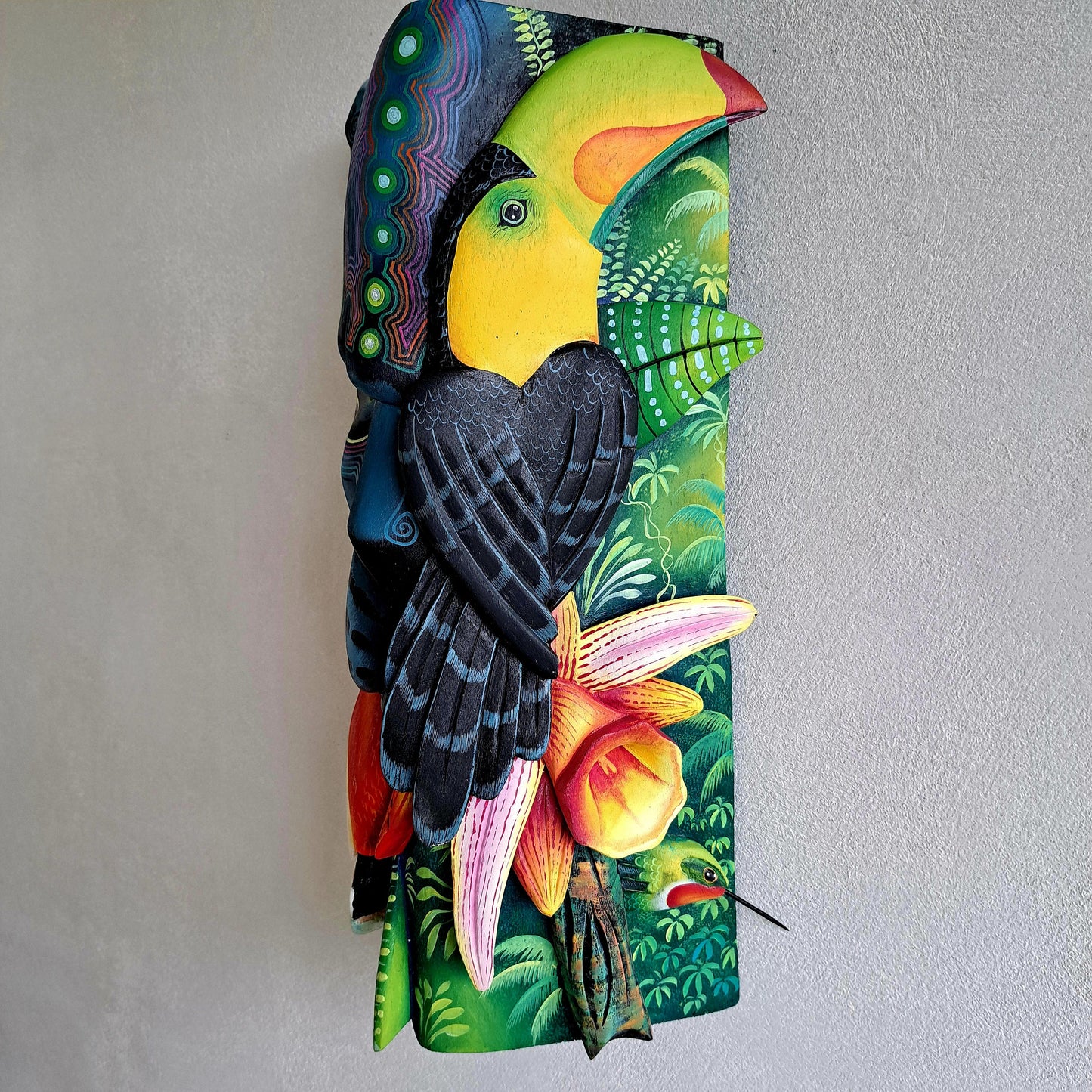 Authentic Boruca mask, birds, orchid, jaguar, wooden mask, tribal art Costa Rica, available mask