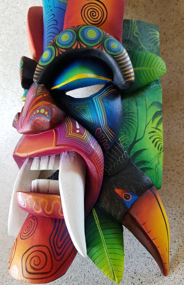 Ecological warrior mask, toucan, aracari, authentic Boruca mask, wooden mask, tribal art from Costa Rica, available mask