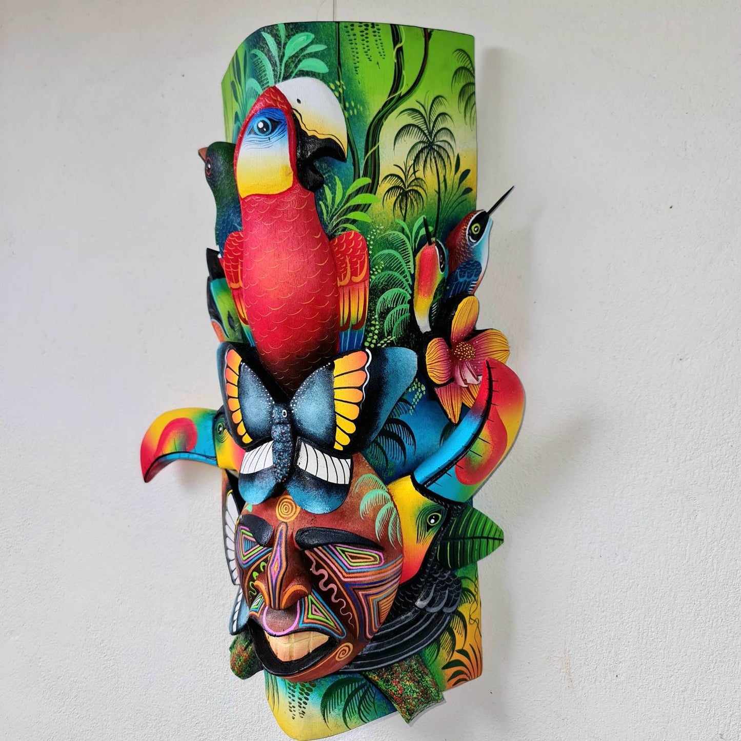 Jungle and life #2, unique artwork, red parrot, butterfly, hummingbirds, wood carved and painted, indigenous art from Costa Rica,