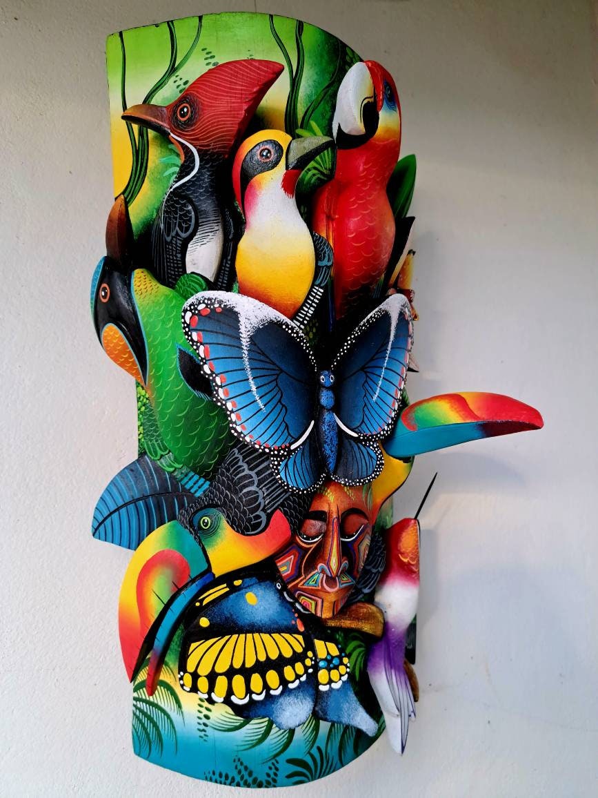 Owl & Jaguar, wildlife from jungle, red parrot, toucan, unique design, handmade, indigenous art from Costa Rica,