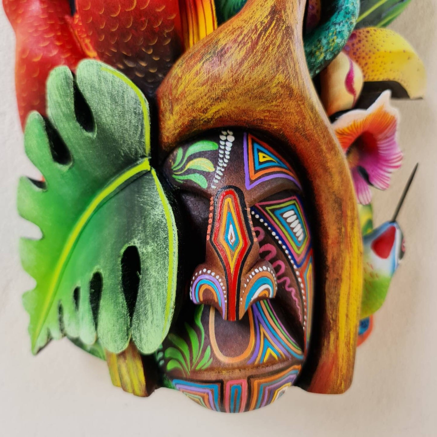 Jungle and life, unique design, red parrots, orchids, butterfly, hummingbirds, wood carved and painted, indigenous art from Costa Rica,